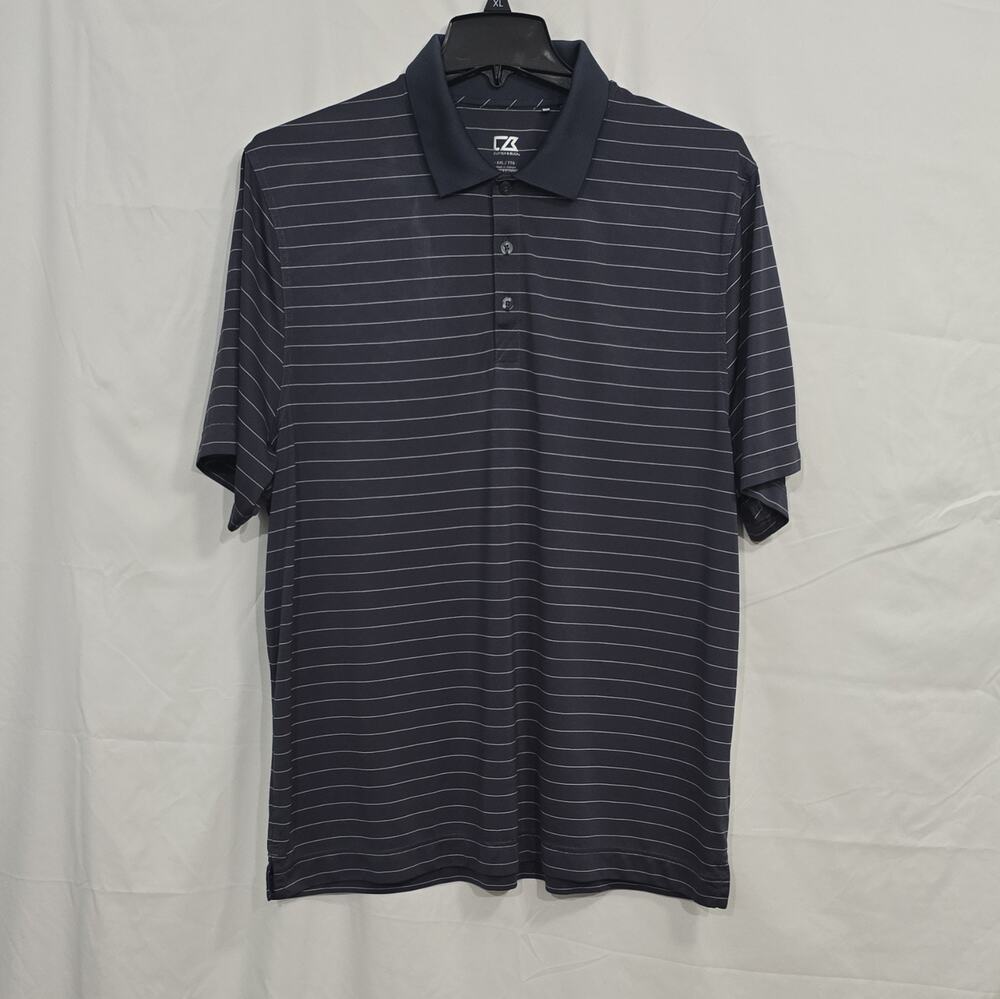 Cutter & Buck CB DryTec Mens XXL Gray White Striped Polo Shirt Logo Polyester
